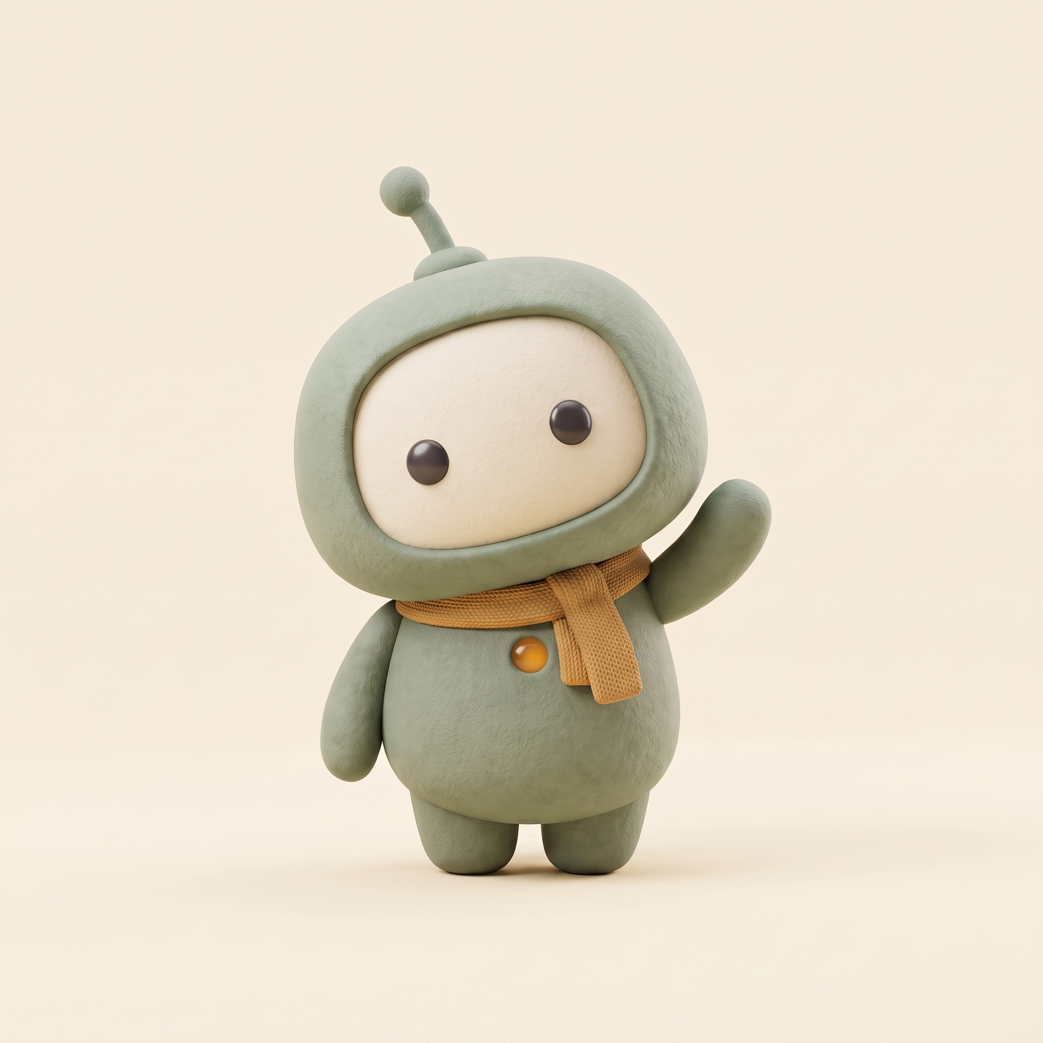 FINN, a small sage AI companion with a cream face and an ochre scarf.