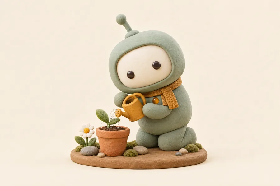 Finn gently waters a tiny green seedling with a mustard-yellow watering can.