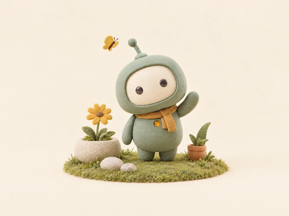 Finn, a soft sage-green character in a mustard scarf, waves from a tiny garden as a yellow butterfly hovers nearby.